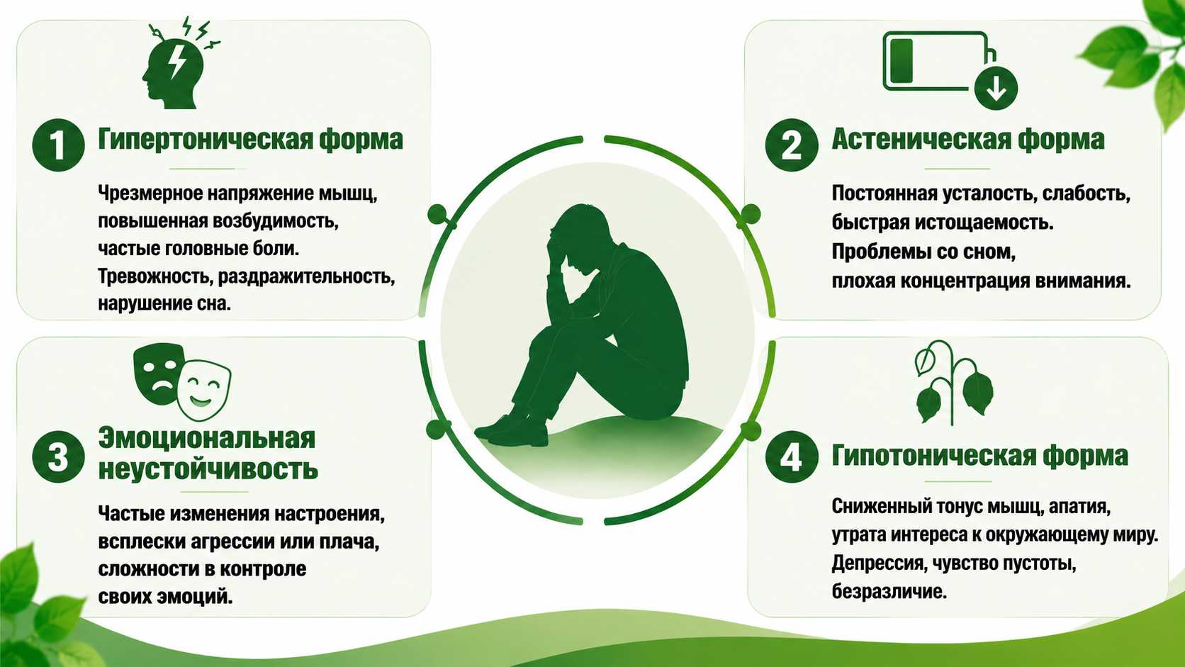 Инфографика о формах астено-невротического синдрома: гипертоническая, астеническая, эмоциональная неустойчивость и гипотоническая формы с изображением человека в состоянии напряжения.
